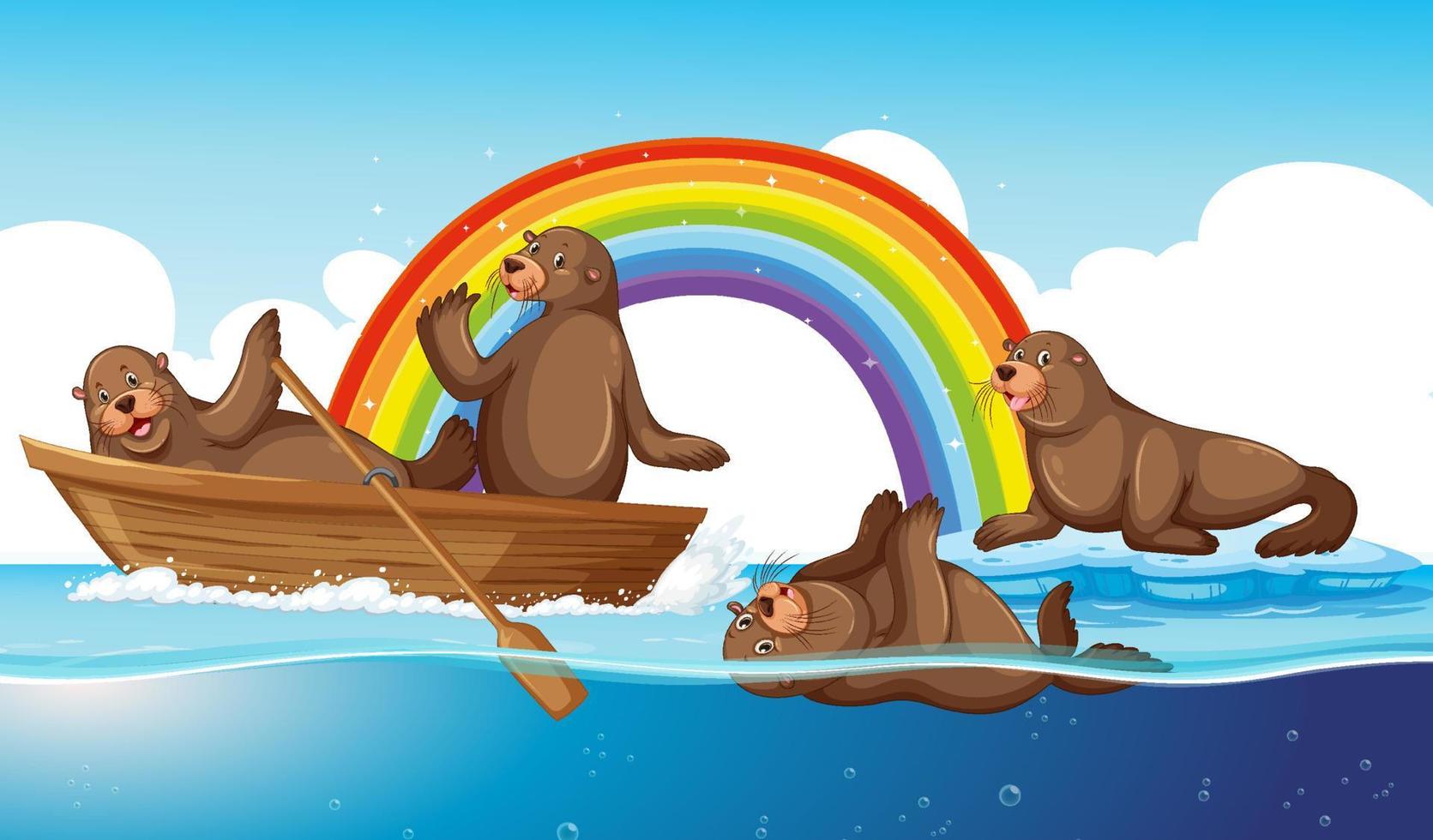 Caricature d'animaux de lions de mer dans l'eau avec arc-en-ciel vecteur