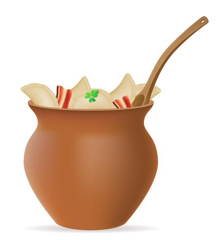 quenelles vareniki de pâte avec une garniture et des verts en illustration vectorielle pot en argile vecteur