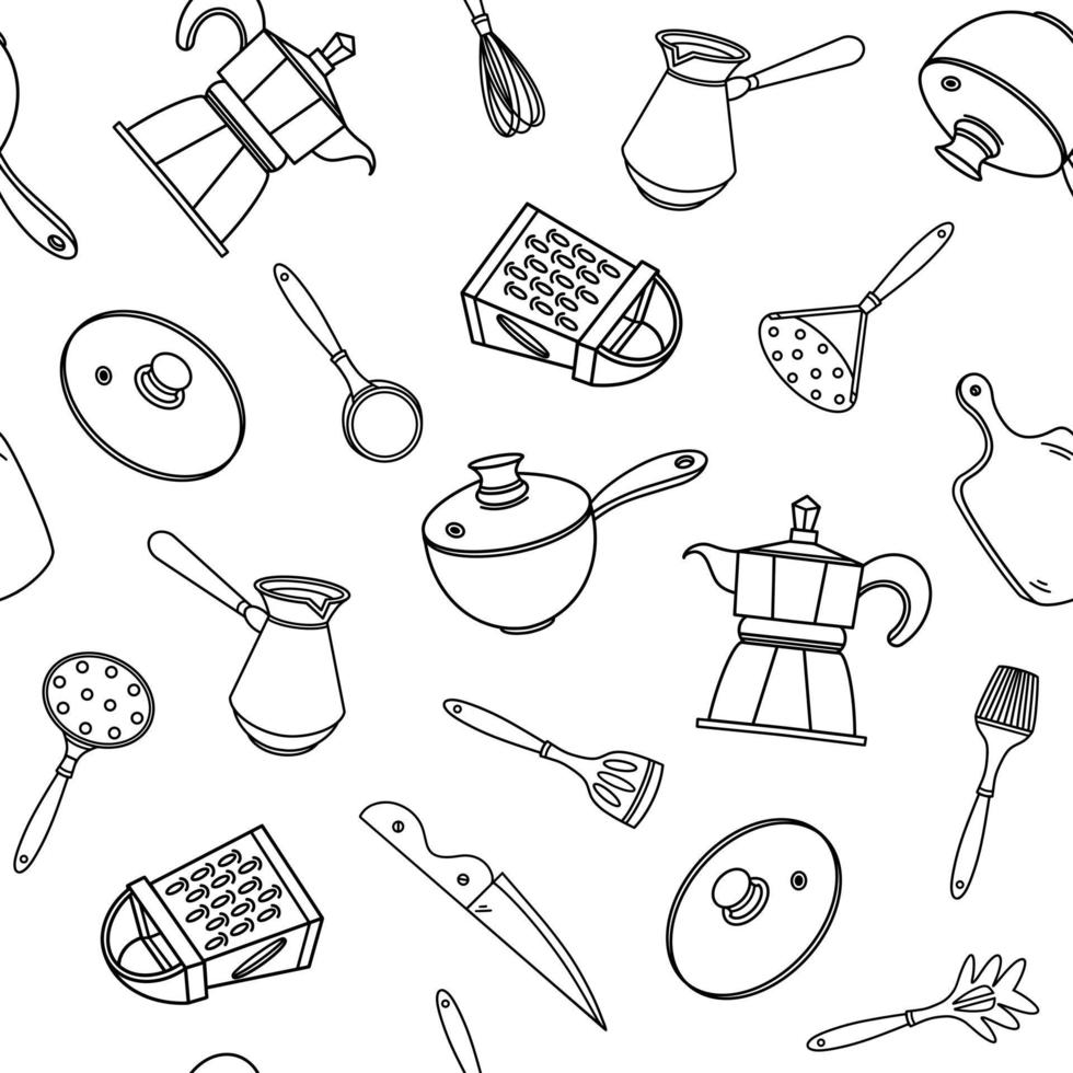 modèle vectoriel continu d'outils de cuisine. illustration dessinée à la main isolée sur fond blanc. vaisselle - poêle à frire, râpe, louche, cafetière, couteau, fouet. griffonnages noirs simples, croquis de vaisselle.