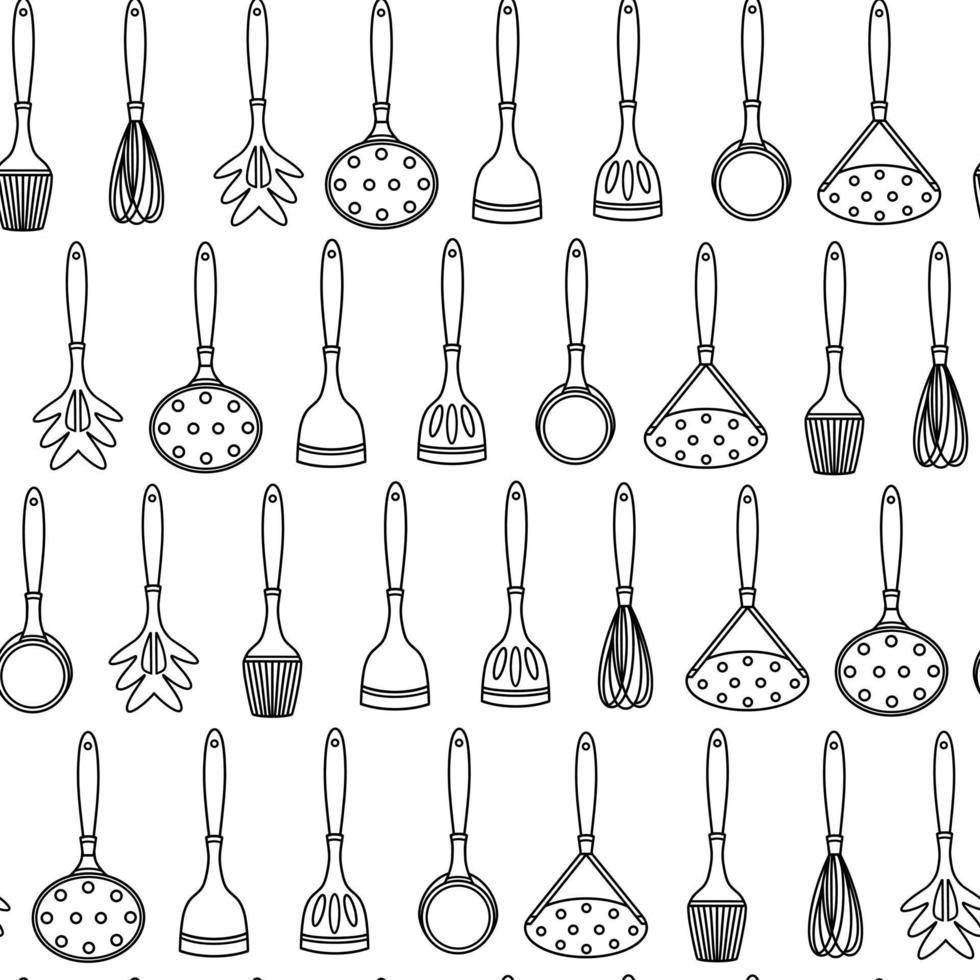 modèle vectoriel continu d'outils de cuisine. illustration dessinée à la main isolée sur fond blanc. plats - spatule, écumoire, louche, fouet, écraser, pinceau à pâtisserie. croquis monochrome, ensemble de griffonnages.