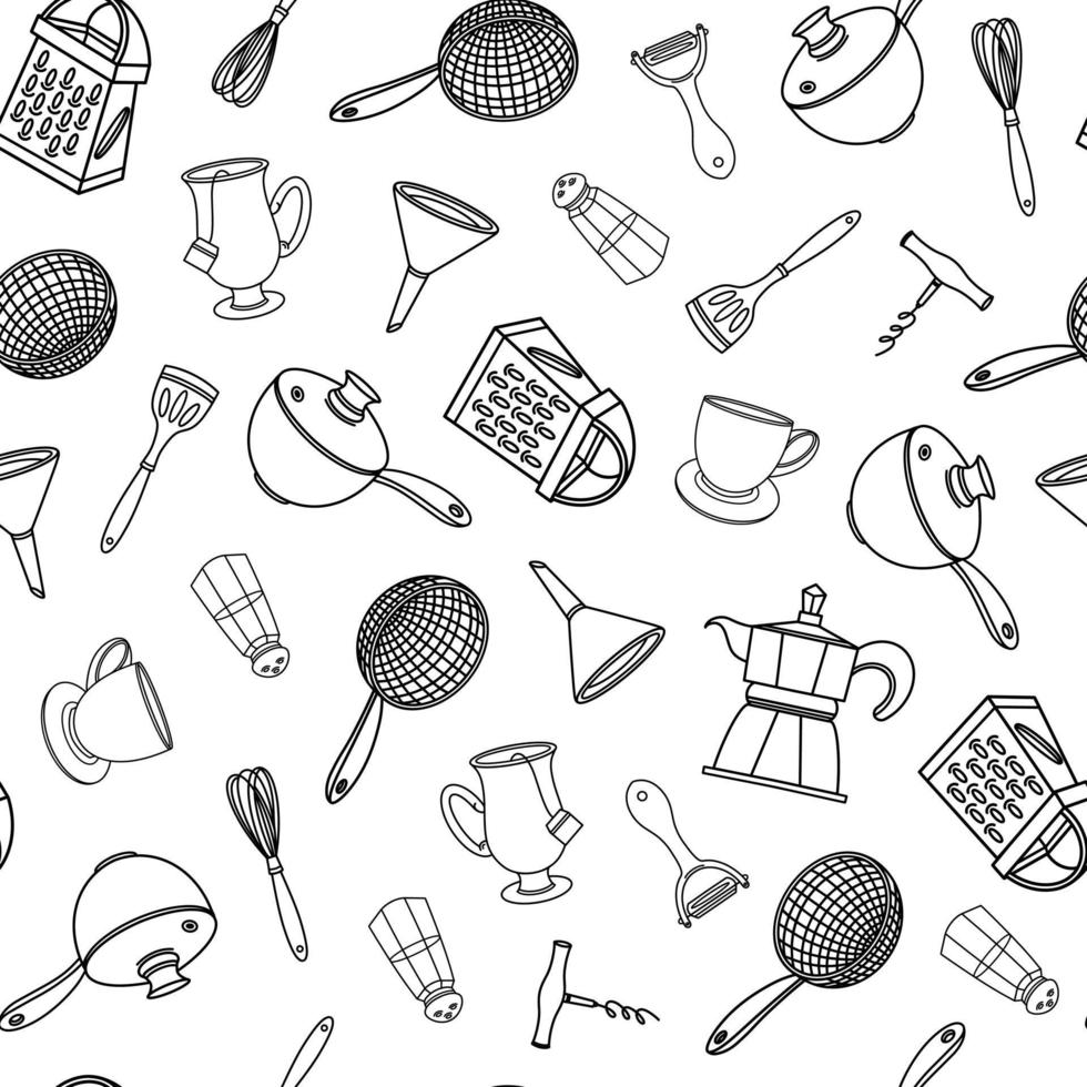 outils de cuisine modèle vectorielle continue. illustration dessinée à la main isolée sur fond blanc. plats - faitout, passoire, râpe, spatule, salière. croquis de vaisselle, concept monochrome. vecteur