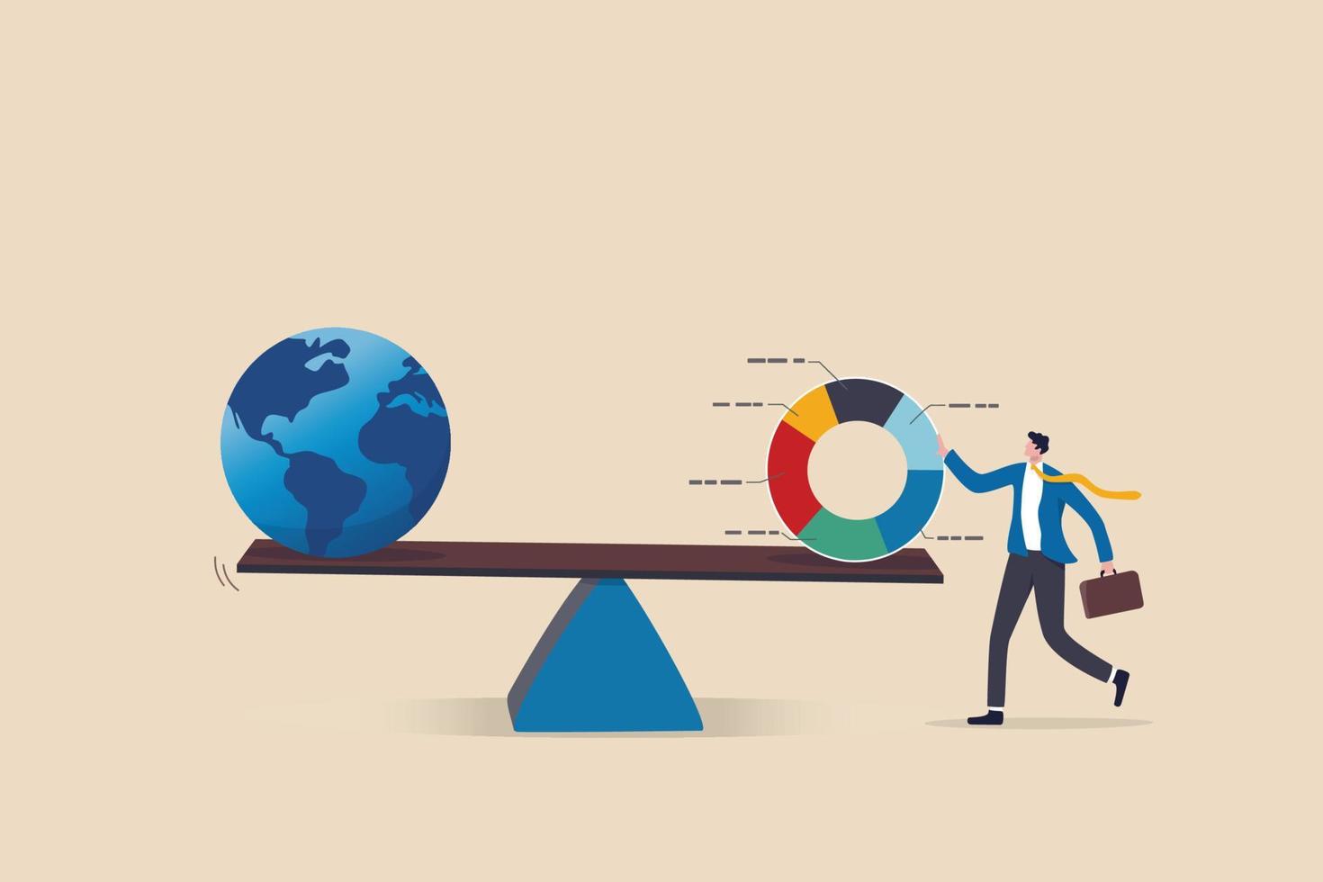 allocation d'actifs d'investissement mondial, rééquilibrage du portefeuille pour les actions internationales, les obligations ou l'immobilier, concept de gestion de patrimoine, diagramme circulaire d'équilibre du gestionnaire de fonds d'homme d'affaires avec le globe ou le monde. vecteur