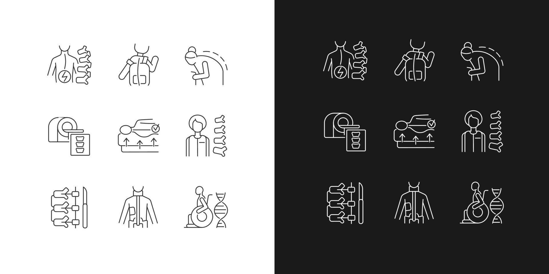 la scoliose provoque des icônes linéaires définies pour les modes sombre et clair. trouble de la colonne vertébrale. correction chirurgicale de la colonne vertébrale. symboles de ligne mince personnalisables. illustrations de contour de vecteur isolé. trait modifiable