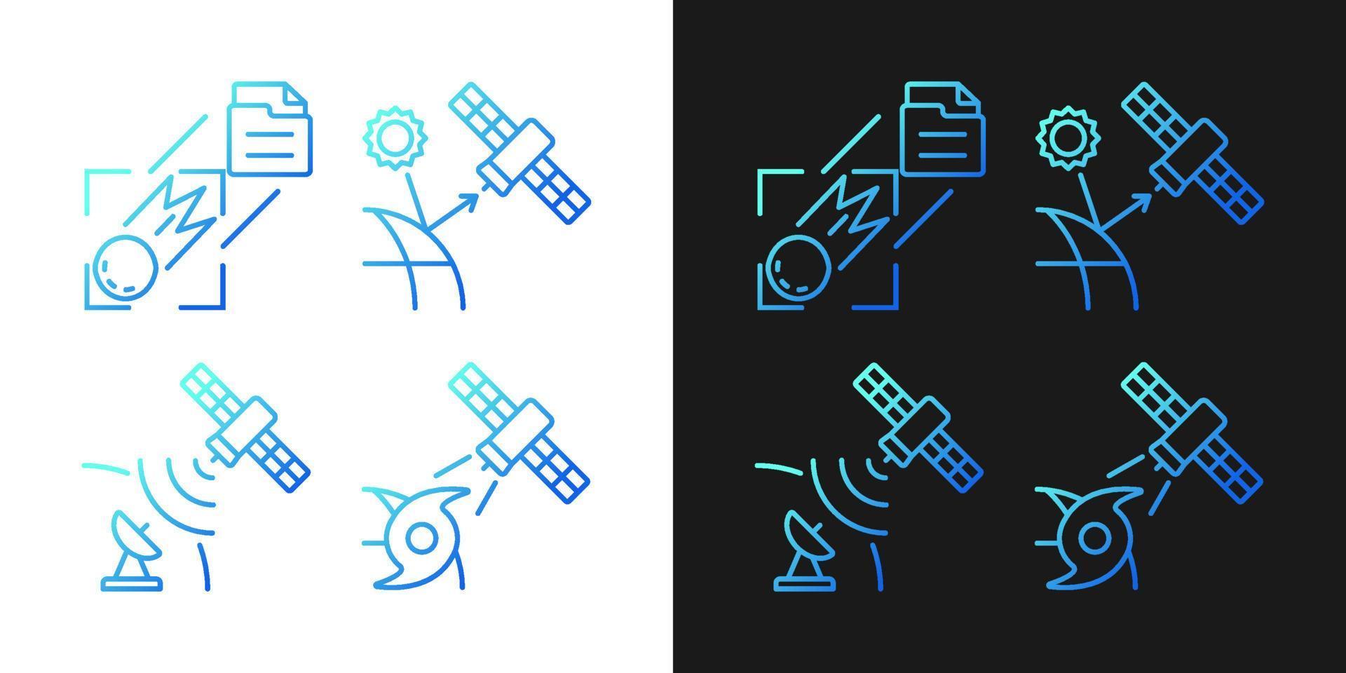icônes de gradient de satellites de surveillance du climat définies pour les modes sombre et clair. paquet de symboles de contour de ligne mince. collection d'illustrations vectorielles isolées en noir et blanc vecteur