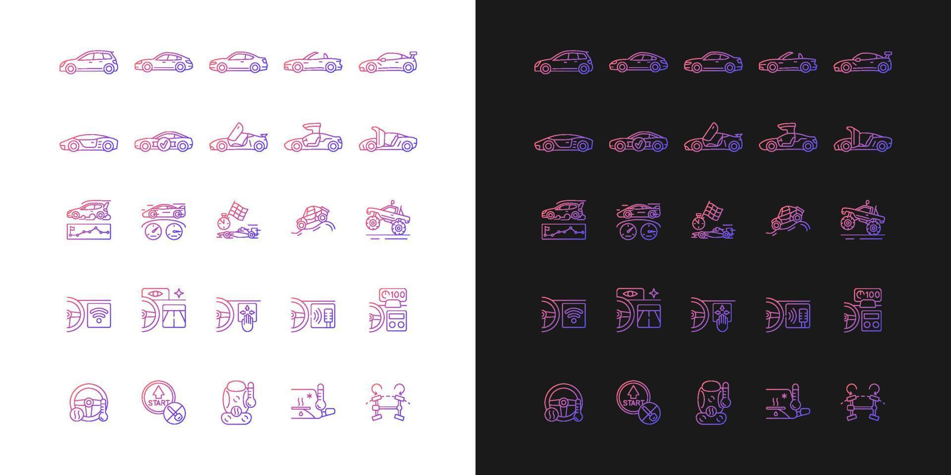 icônes de dégradé de course automobile définies pour les modes sombre et clair. technologie automobile de pointe. paquet de symboles de contour de ligne mince. collection d'illustrations vectorielles isolées en noir et blanc vecteur