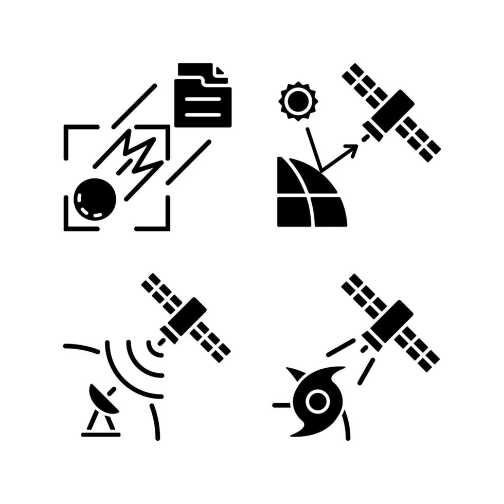 satellites de surveillance du climat icônes de glyphes noirs sur un espace blanc. satellite de télédétection. système d'observation météorologique de la Terre. symboles de silhouette. illustration vectorielle isolée vecteur