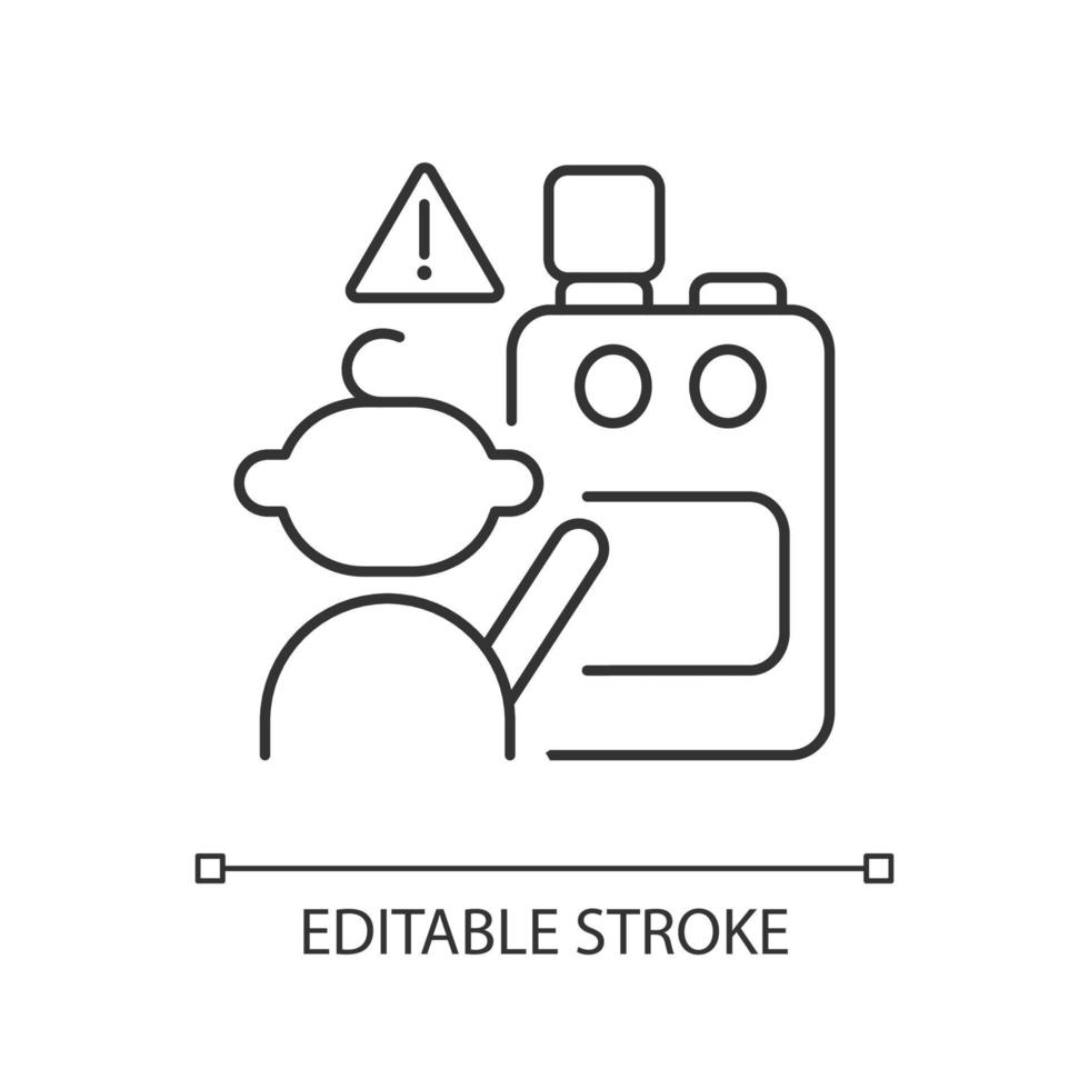 icône linéaire d'appareils de cuisine et d'enfant. sécurité de la cuisine pour les enfants. prévention des brûlures et des blessures. illustration personnalisable de fine ligne. symbole de contour. dessin de contour isolé de vecteur. trait modifiable vecteur