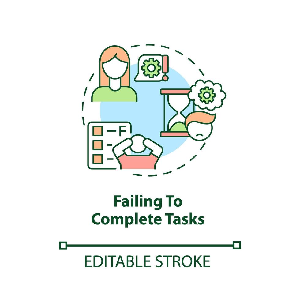 ne pas terminer l'icône de concept de tâches. illustration de ligne mince de symptôme inattentif idée abstraite. manque de motivation. déficit de volonté. dessin de couleur de contour isolé de vecteur. trait modifiable vecteur