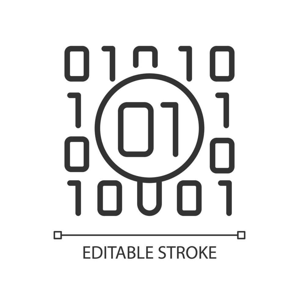 icône parfaite de pixel linéaire de vérification du jeu de données. à la recherche de bogues dans le code binaire. illustration personnalisable de fine ligne. symbole de contour. dessin de contour isolé de vecteur. trait modifiable. police arial utilisée vecteur
