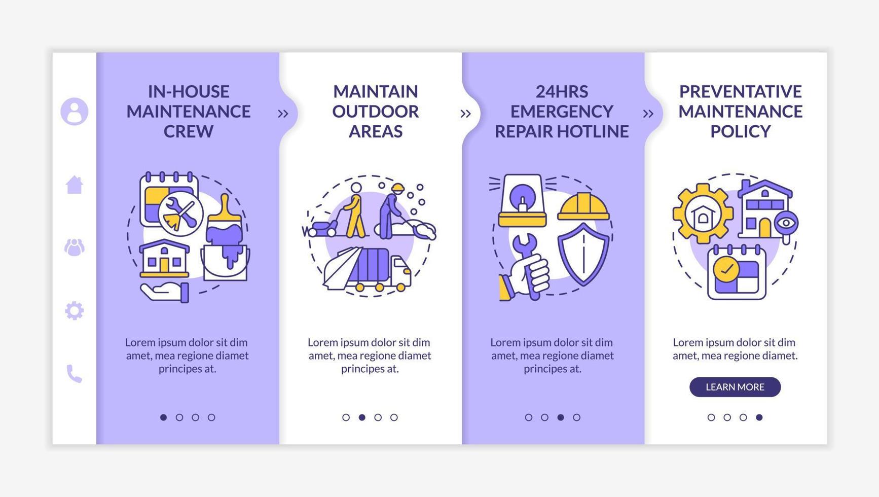 modèle d'intégration violet et blanc pour la maintenance, les réparations et le remodelage. site Web mobile réactif avec des icônes de concept linéaire. page Web pas à pas, écrans en 4 étapes. lato-gras, polices régulières utilisées vecteur