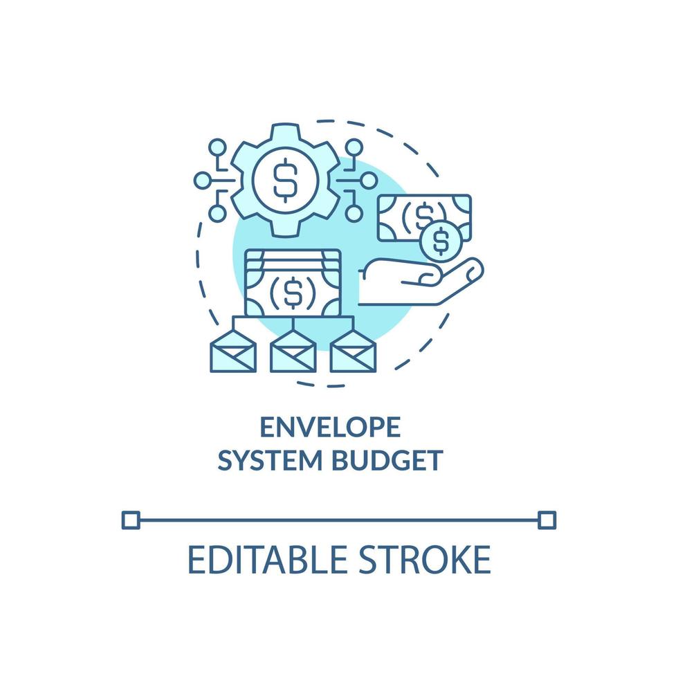 enveloppe système budget turquoise concept icône. approche de budgétisation idée abstraite fine ligne illustration. dessin de contour isolé. trait modifiable. roboto-medium, myriade de polices pro-bold utilisées vecteur