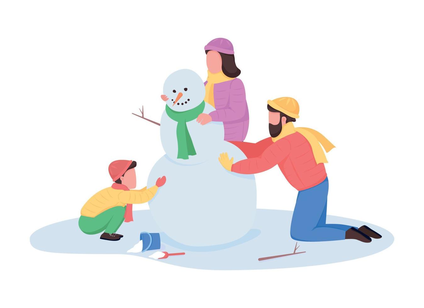 personnages de vecteur de couleur semi-plat de bonhomme de neige de construction de famille