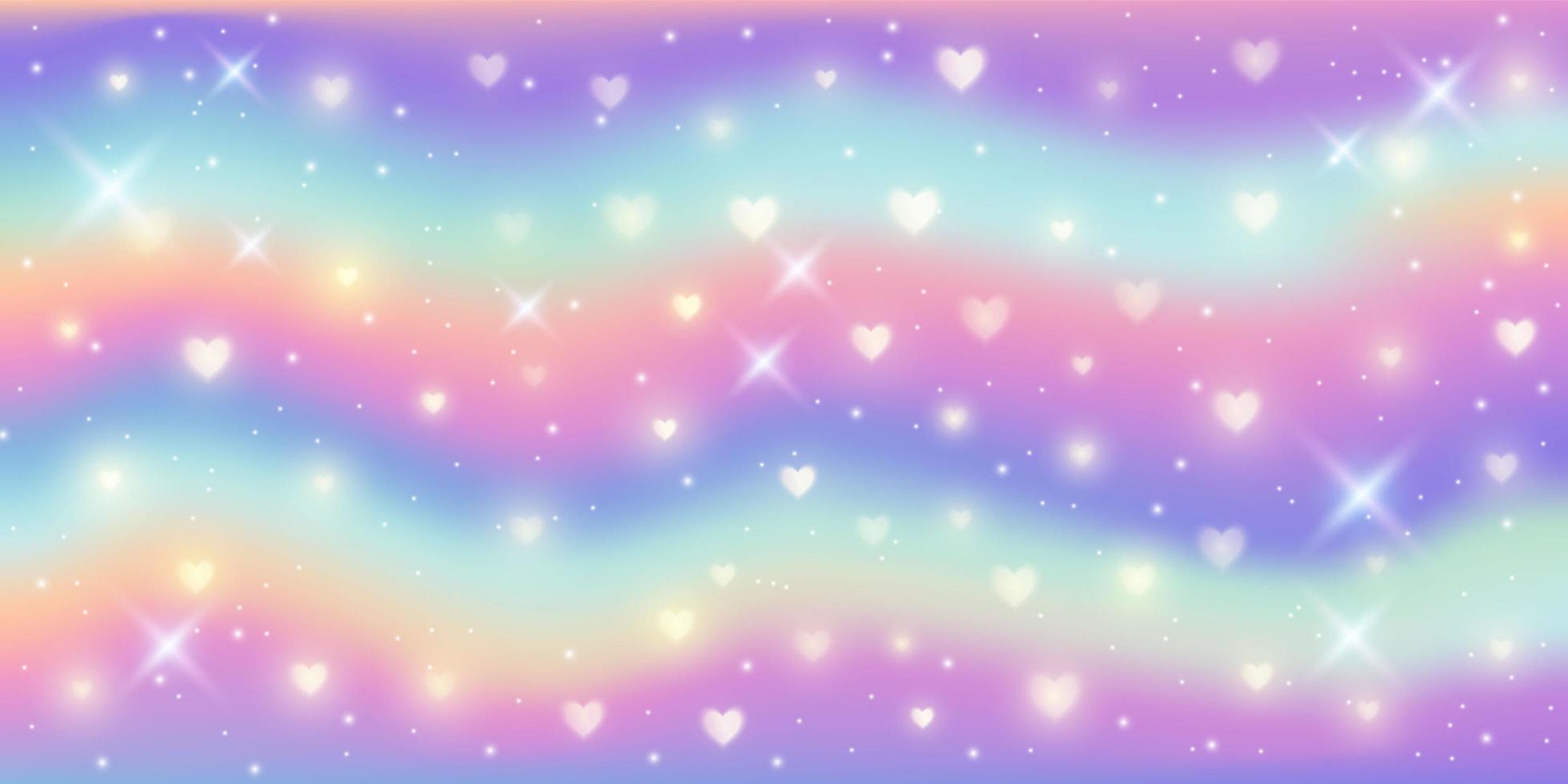 fond de fantaisie. motif aux couleurs pastel. ciel multicolore ondulé avec des étoiles et des coeurs. vecteur