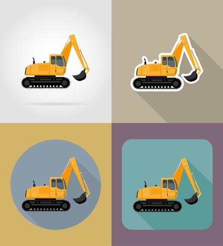 excavatrice pour travaux routiers icônes plats vector illustration