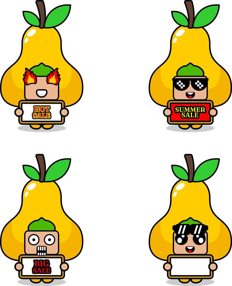 personnage de dessin animé mignon vecteur costume de mascotte de fruits poire ensemble collection de lots de vente d'été