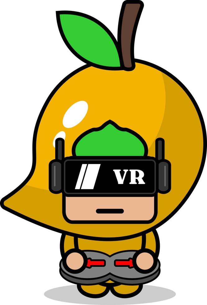 costume de mascotte de fruit de mangue de vecteur de personnage de dessin animé jouant au jeu de réalité virtuelle