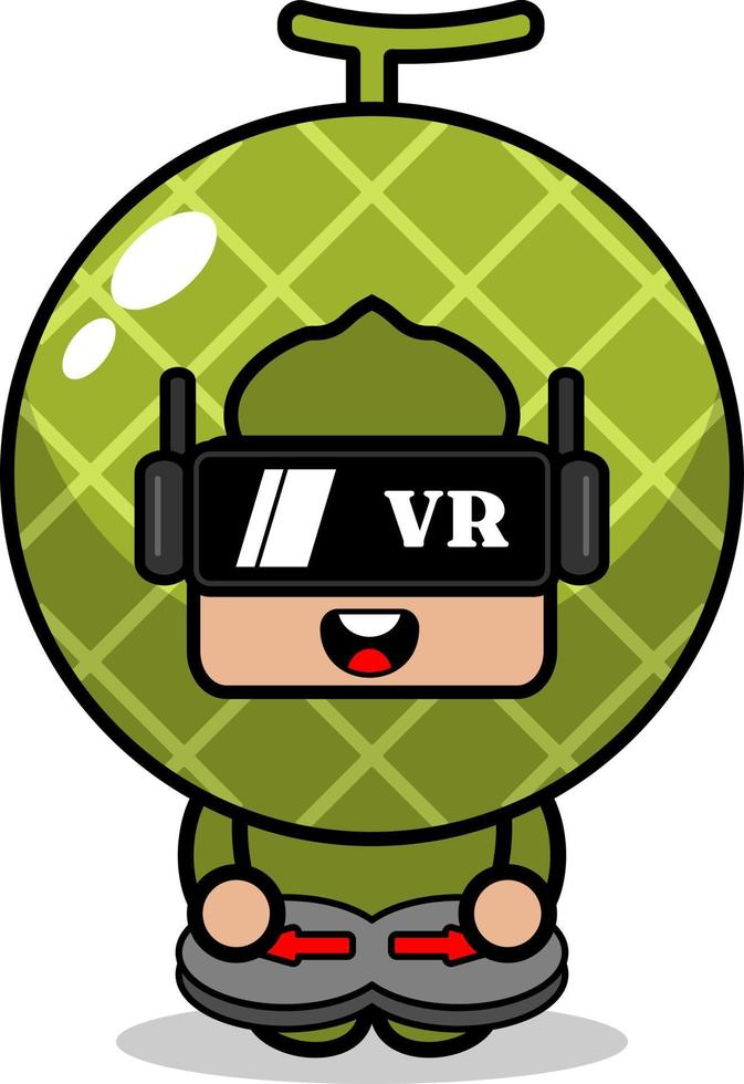 costume de mascotte de fruit de melon de vecteur de personnage de dessin animé jouant au jeu de réalité virtuelle