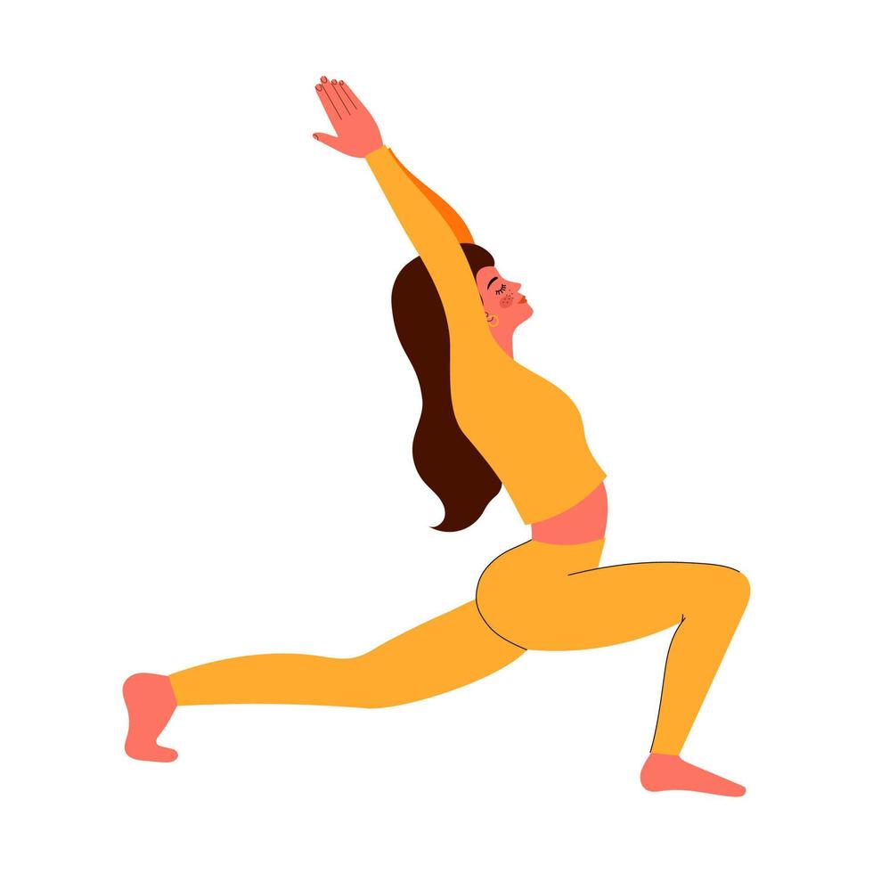 pose de guerrier de yoga ou virabhadrasana. femme pratiquant la pose de yoga. illustration vectorielle gravée isolée sur fond blanc. illustration vectorielle vecteur