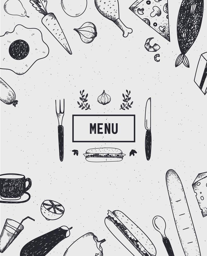 couverture de menu avec de la nourriture dessinée à la main. noir et blanc. vecteur