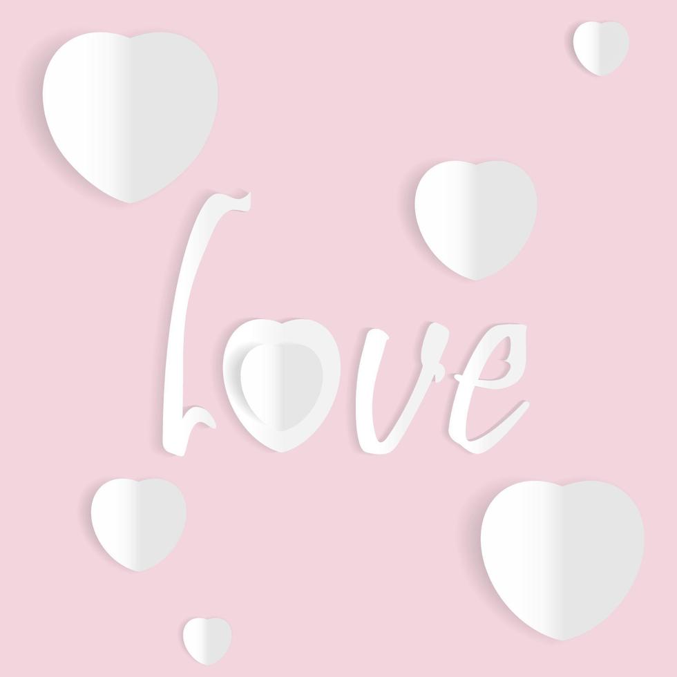conception vectorielle de l'icône en forme de coeur et lettrage d'amour dans un style de papier découpé en blanc. modèle moderne simple fond rose vecteur