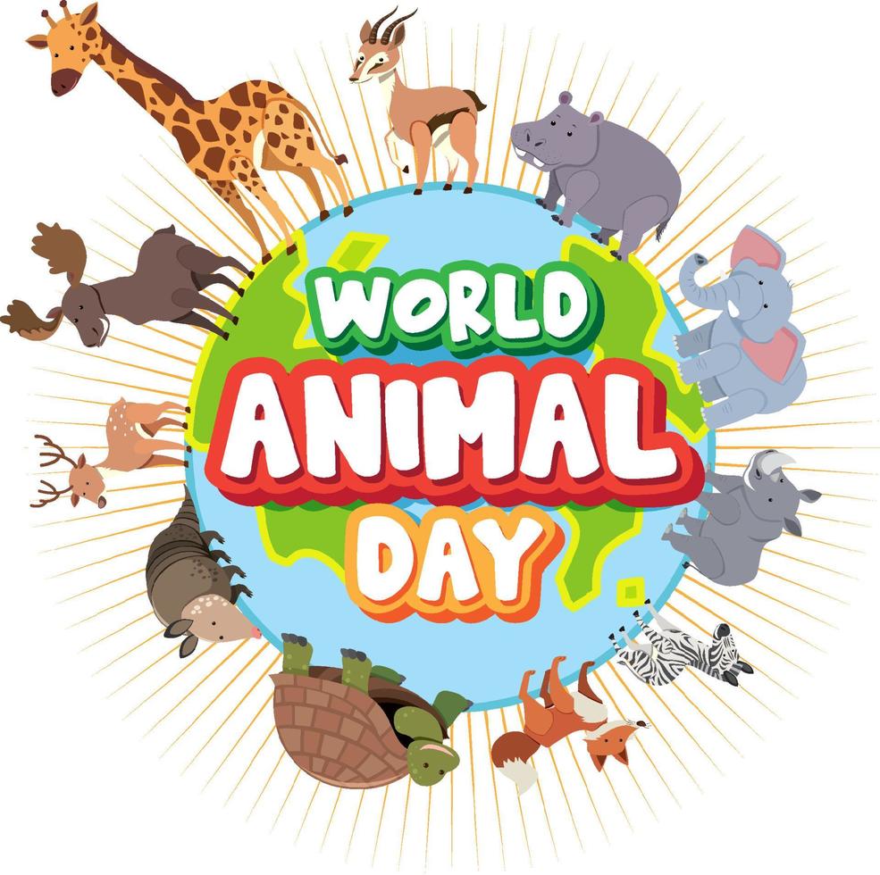 bannière de la journée mondiale des animaux avec des animaux sauvages debout sur la terre vecteur