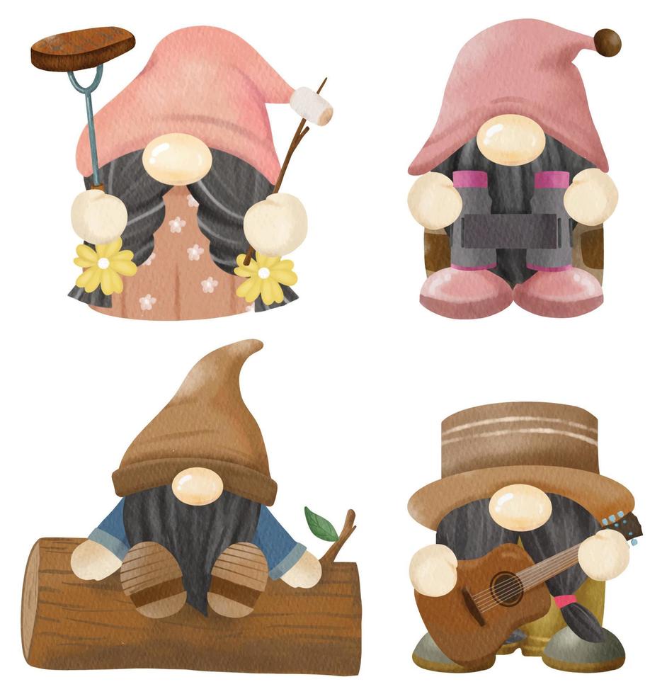 gnomes aquarelles dessinés à la main camping avec guitare jumelles feu de camp bifteck de bois de campêche et guimauve vecteur