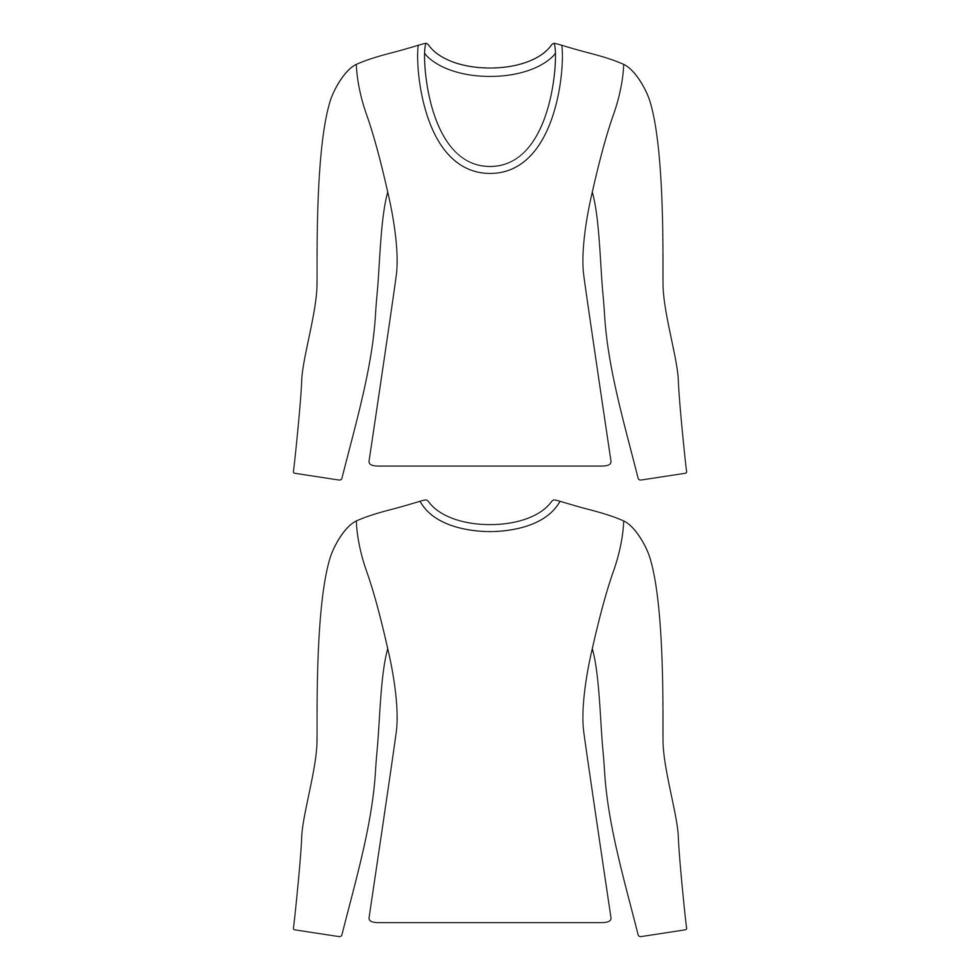 Modèle slim fit t-shirt à manches longues femmes illustration vectorielle croquis plat contours de conception vecteur