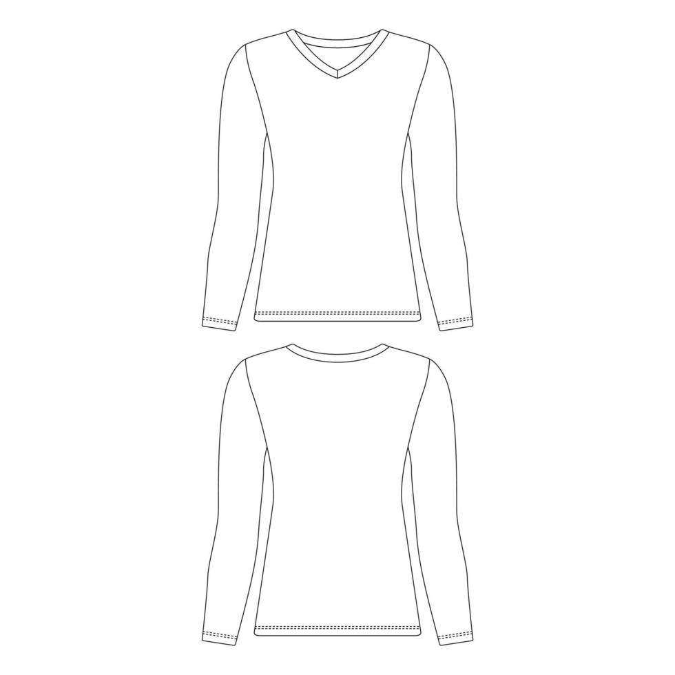 modèle v-cou à manches longues t-shirt femmes illustration vectorielle croquis plat contours de conception vecteur