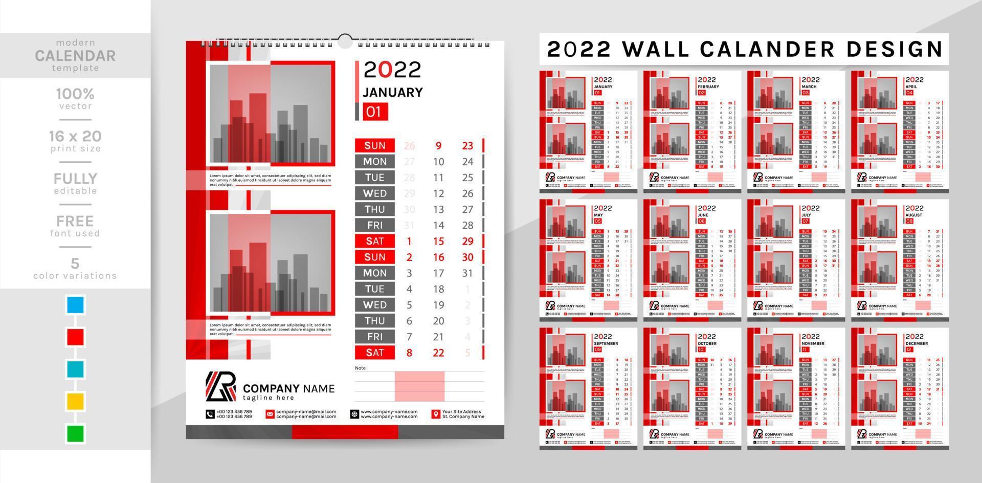 calendrier mural et modèle d'agenda pour l'année 2022. ce calendrier élégant et créatif est un incontournable pour votre maison et votre bureau. 2 thèmes colorwork, noir et autres. la semaine de 12 pages commence le dimanche. vecteur