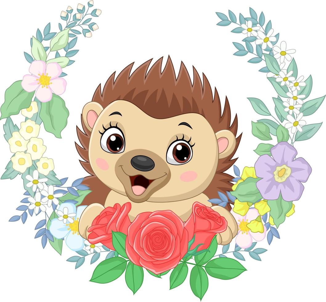 dessin animé bébé hérisson avec fond de fleurs vecteur