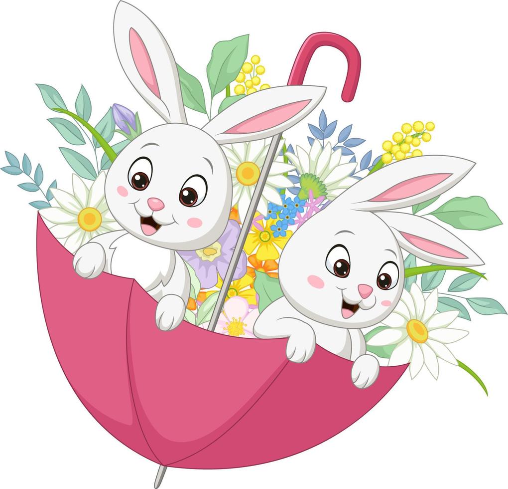 adorables deux lapins dans le parapluie printanier avec des fleurs vecteur