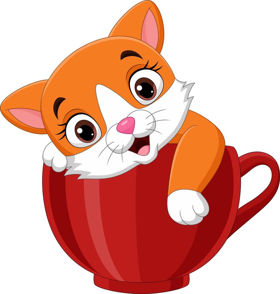 dessin animé mignon chaton assis dans une tasse rouge vecteur