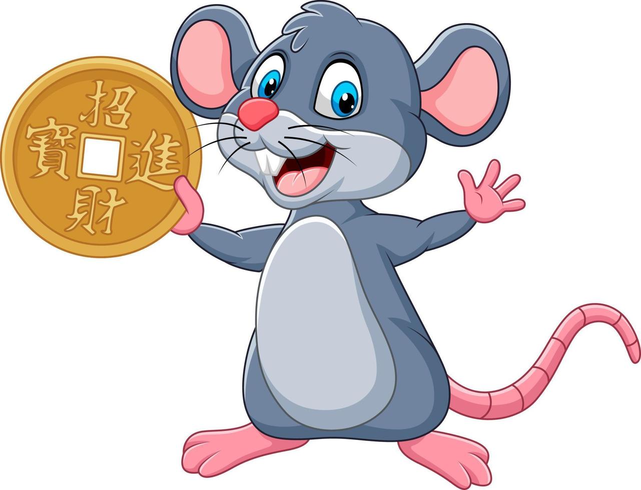 rat de dessin animé drôle comme symbole du nouvel an 2020 tenant une pièce d'or vecteur