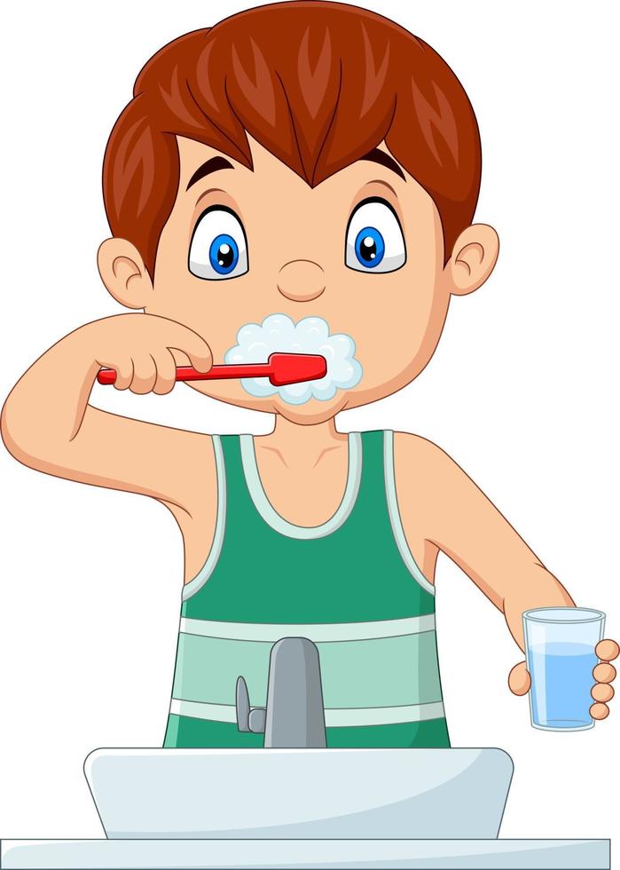 mignon petit garçon se brosser les dents vecteur