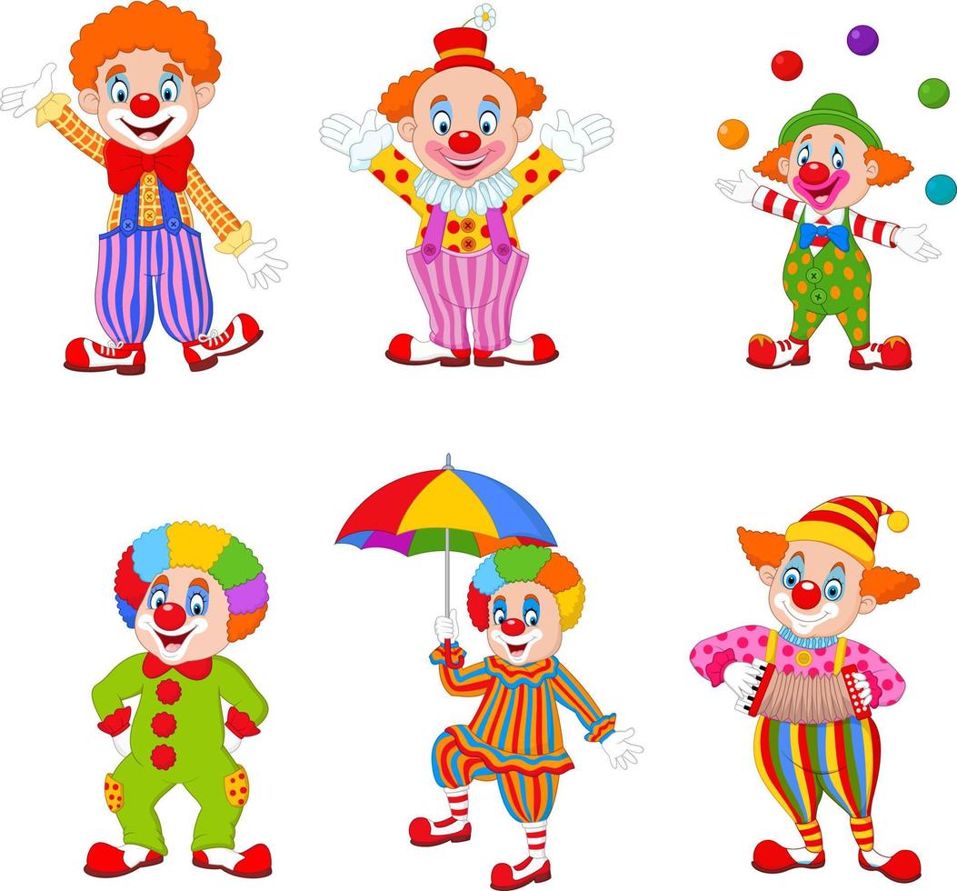 ensemble de clowns heureux de dessin animé dans différentes actions vecteur