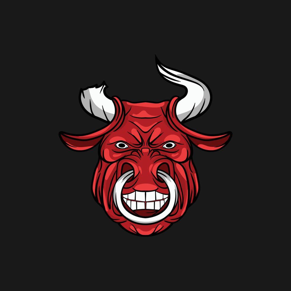 création de logo de dessin animé de personnage de mascotte de taureau, vache, buffle, montrant les dents, animal en colère rouge avec illustration vectorielle de corne cassée vecteur