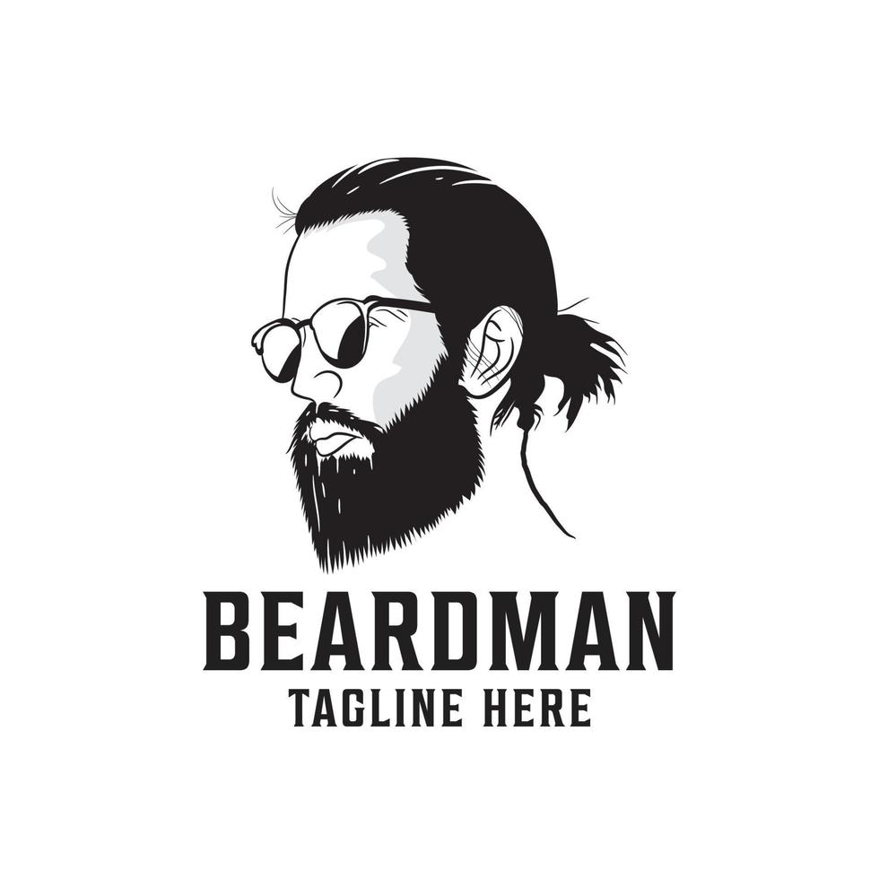 création de logo homme hipster en lunettes de soleil. logo homme hipster aux cheveux longs. un homme avec une barbe fait face vecteur
