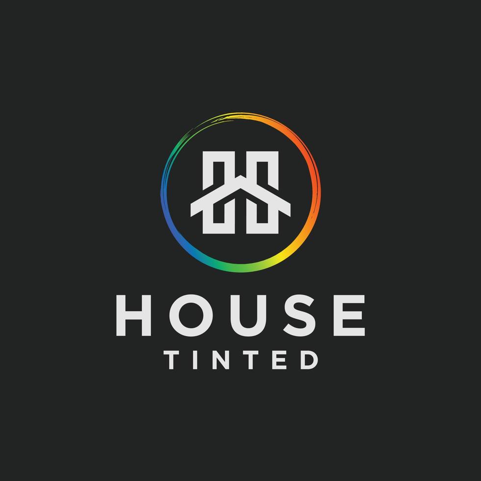 logo de ligne de pinceau circulaire aux couleurs de l'arc-en-ciel. la lettre h est blanche dans un cercle pour former une maison. sur une conception de logo de fond noir, illustration vectorielle vecteur