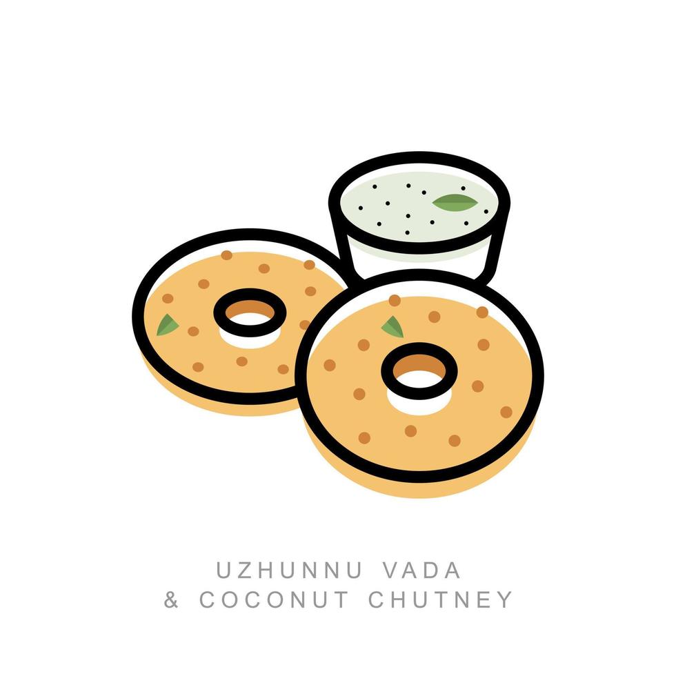 uzhunnu vada également connu sous le nom de beignets medu vada ou urad dal est une collation indienne cuite et frite avec un vecteur de contour simple de chutney de noix de coco