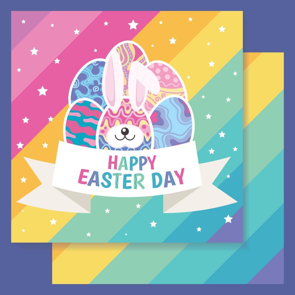 joyeux jour de pâques lapin mignon avec des oeufs carte vector art design