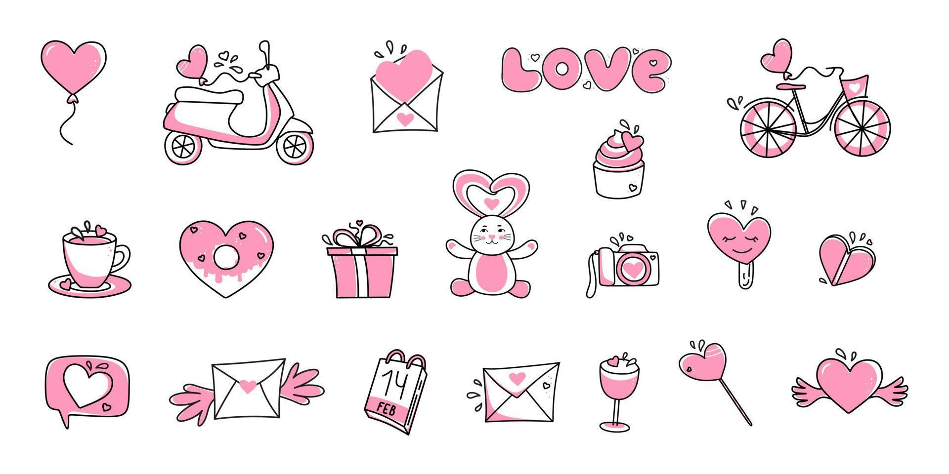 ensemble vectoriel d'icônes pour la saint valentin. symboles d'amour dessinés à la main dans un style linéaire. isolé sur fond blanc.