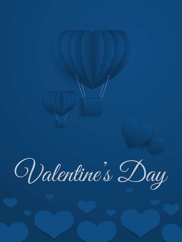 carte de voeux joyeuse saint valentin avec ballon à air chaud bleu volant et coeurs vecteur