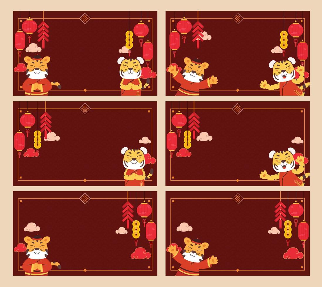 modèle de fond du nouvel an chinois 2022 pour carte de voeux, affiche, bannière de site Web avec illustration de tigre, lanterne, pétard, timbre et élément chinois vecteur