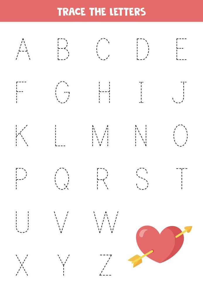 alphabet d'apprentissage. tracer des lettres. joli coeur de saint valentin. vecteur