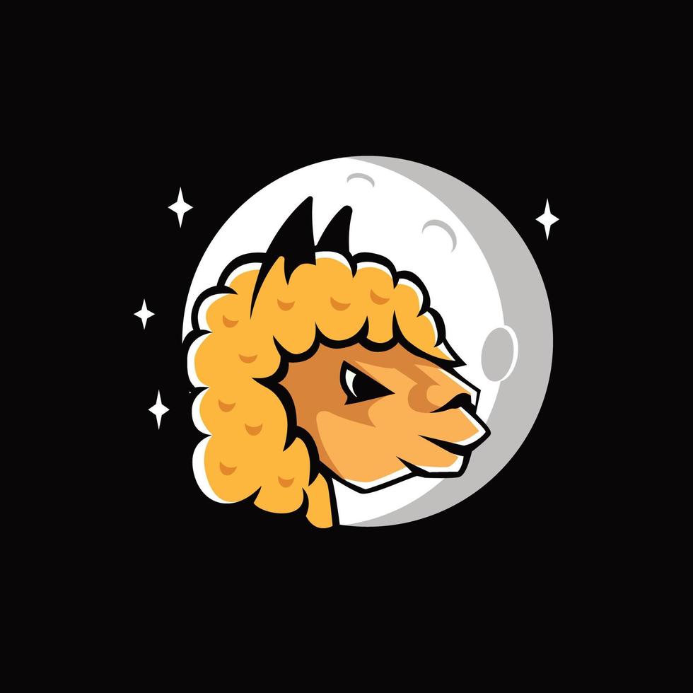 logo alpaga au clair de lune. illustration de mascotte d'animaux de ferme, usine de fourrure, animal mignon vecteur