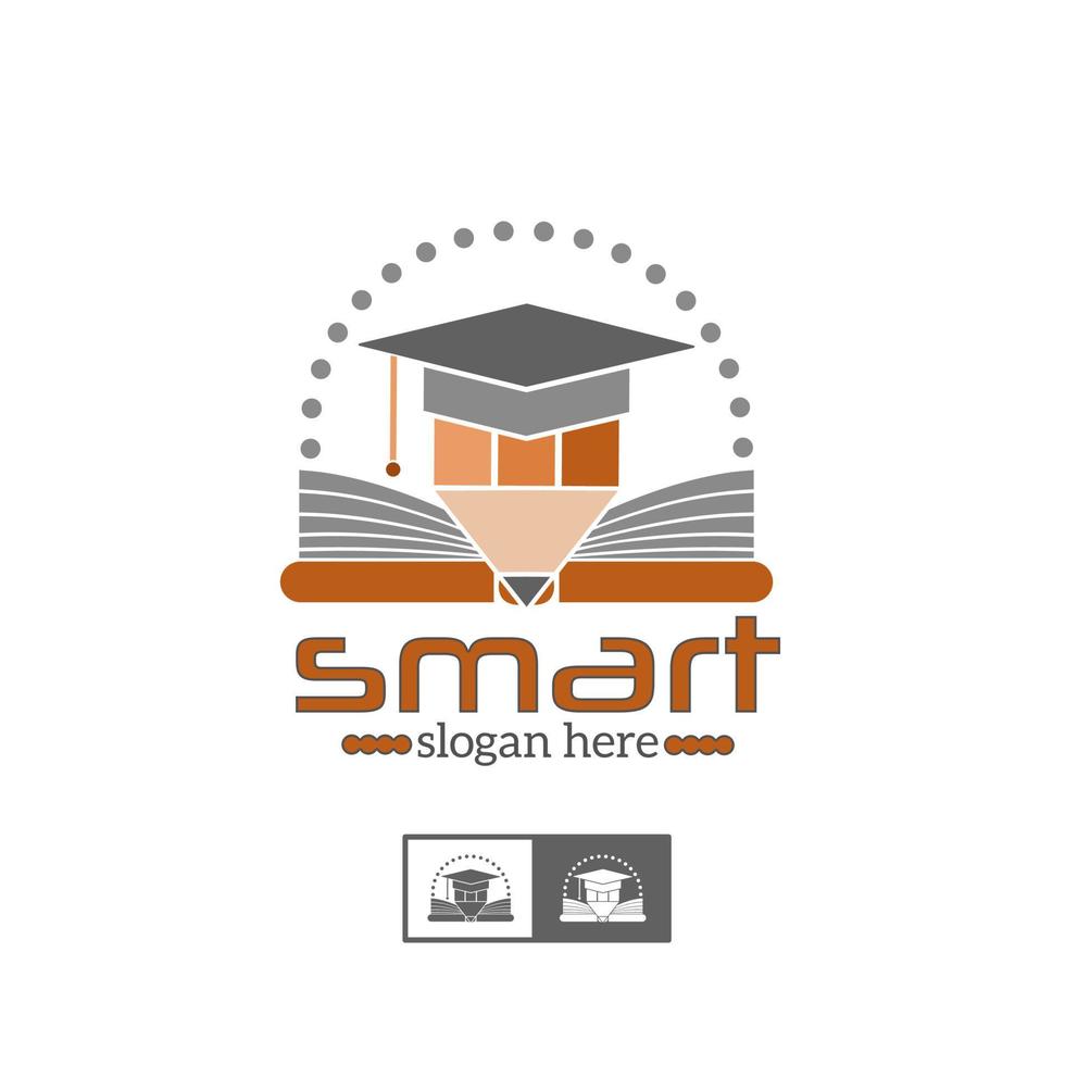 illustration vectorielle du logo de l'éducation, conception du symbole de l'équipement du chapeau diplômé, crayon et livre, concept de personne intelligente, avec diplôme de fin d'études vecteur