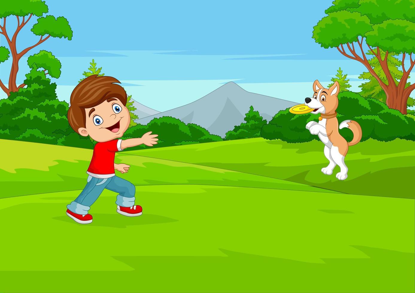 garçon de dessin animé jouer au disque volant avec son chien dans le parc vecteur