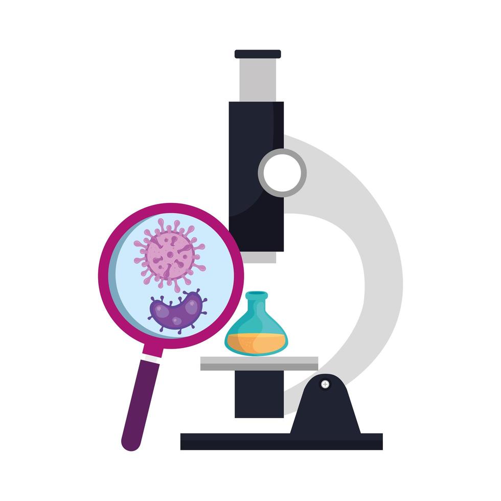 microscope avec des particules de covid 19 et des icônes médicales vecteur