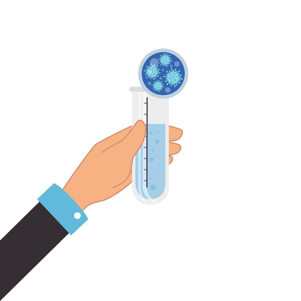 main avec test de tube et icône de particules covid 19 vecteur