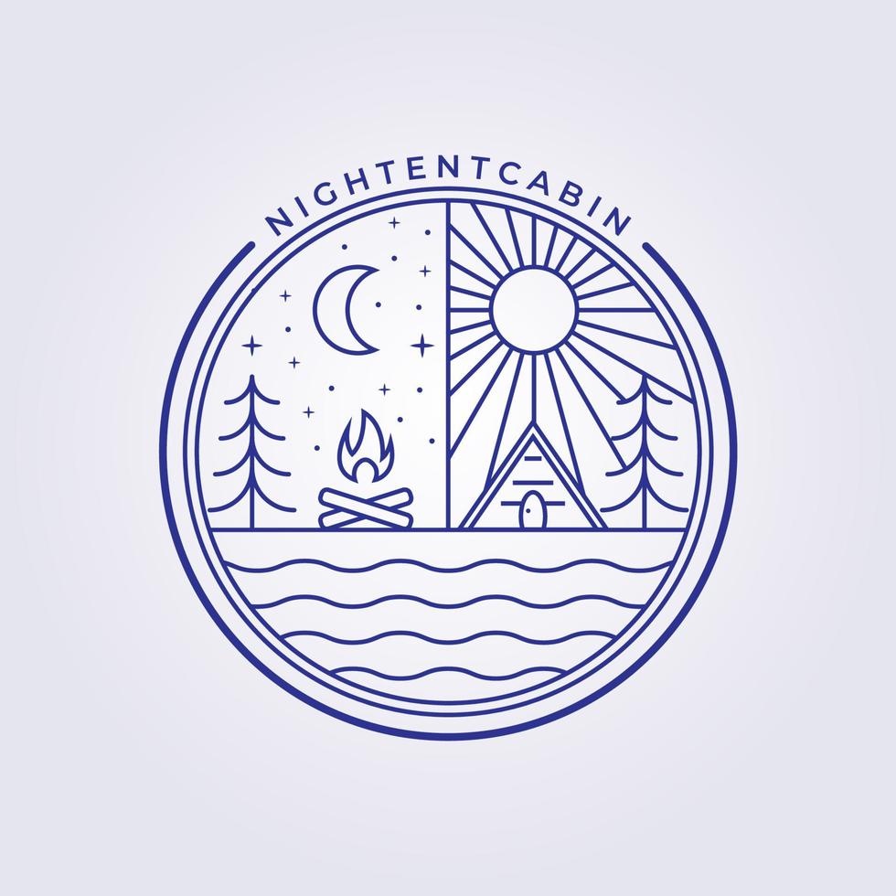 ligne nuit tente cabine chalet logo vecteur icône symbole illustration conception, insigne emblème simple confortable bois maison forestière maison grange